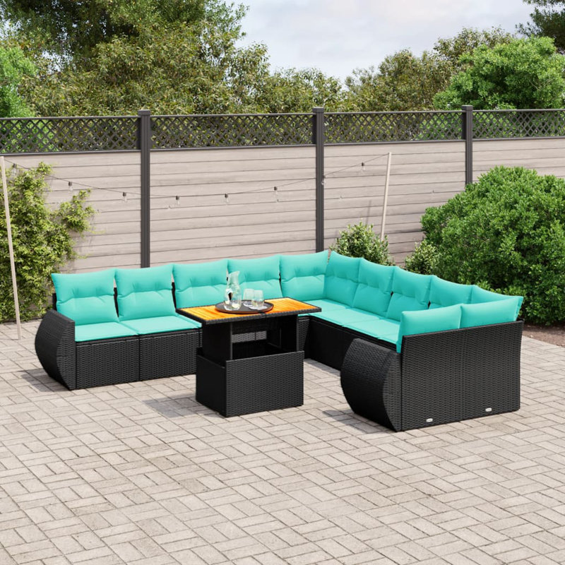  Ensemble de canapé de patio 11 pièces avec coussins en rotin de polyester, Vert, Noir