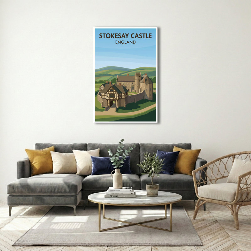 Stokesay Castle, England - Romantic Travel Poster of Medieval Manor and Rolling Shropshire Hills. Giclee Print on Wrapped Canvas. Wall Art, Home Decor - Castles & Palaces, England 1 Piece Wrapped Canvas Wall Art