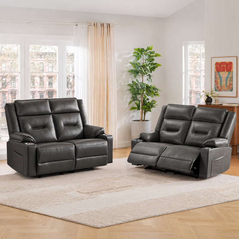 Ensemble de fauteuils inclinables manuels 2 pièces modernes avec porte-gobelets en acier inoxydable, fauteuil coulissant en cuir végétalien Gravity, noir