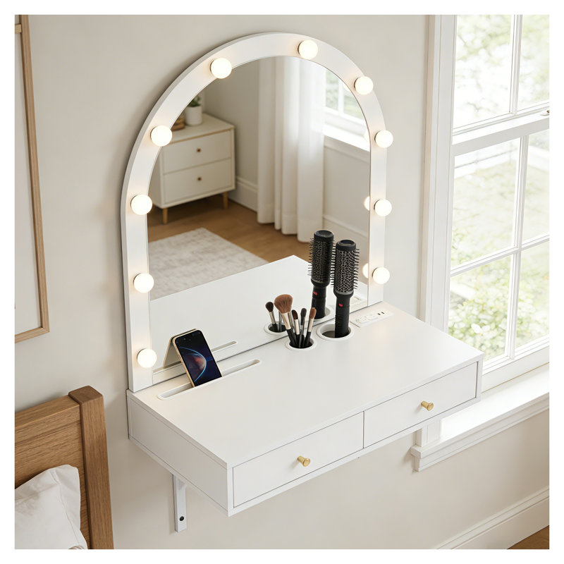Coiffeuse murale suspendue avec miroir DEL et prise électrique, table de toilette en bois d'ingénierie blanc avec tiroirs de rangement