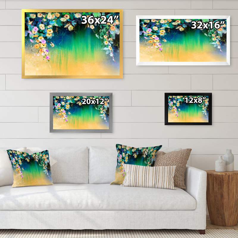 Fleurs de lierre vertes et jaunes - reproduction sur toile avec cadre flottant, H 8 po x l 12 po x P 1 po, Cadre noir