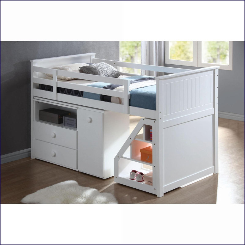 Lit simple mezzanine blanc avec bureau pivotant et amp; Rangement pour petites pièces Espaces partagés