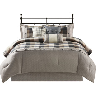 King Size Comforter Red - 7 Piece Herringbone Buffalo Plaid Trimmed For Accent