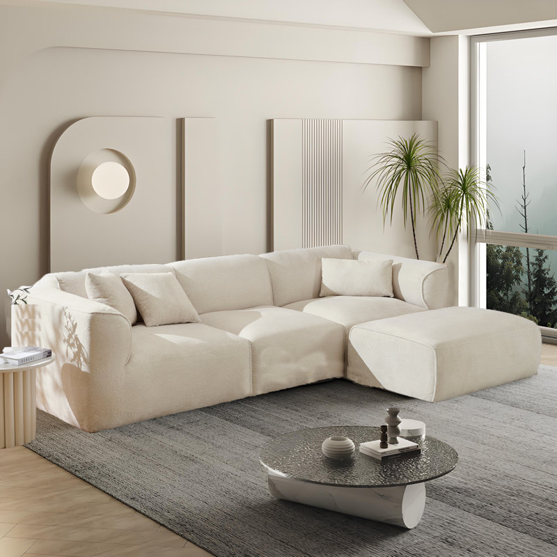 Canapé modulaire rembourré 2 pièces avec repose-pieds Wabi-Sabi, Mélange de polyester beige
