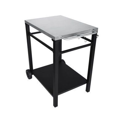Chariot de barbecue extérieur à 2 niveaux avec plateau en acier inoxydable, grandes roues et crochets à outils, table de préparation de barbecue mobile, chariot de service roulant pour patio, cour arrière, support de four à pizza, noir