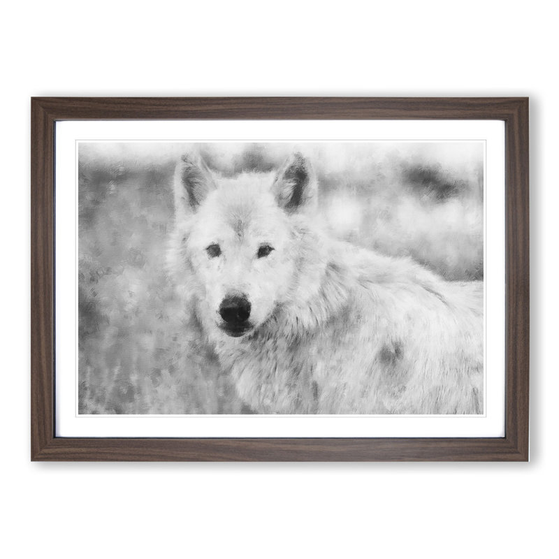 White Wolf - Picture Frame Painting, 27cm H x 36cm W x 2cm D, Walnut Framed