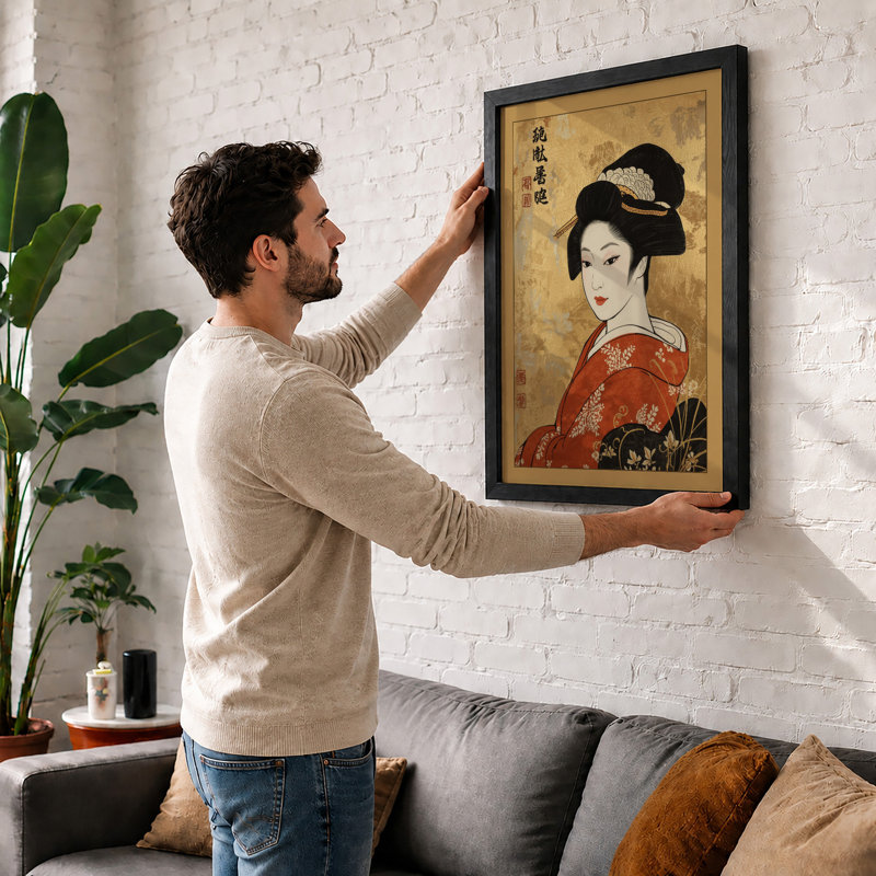 Woman In Red Kimono Japandi - Print, A1 - 84.1 x 59.4 cm, Black