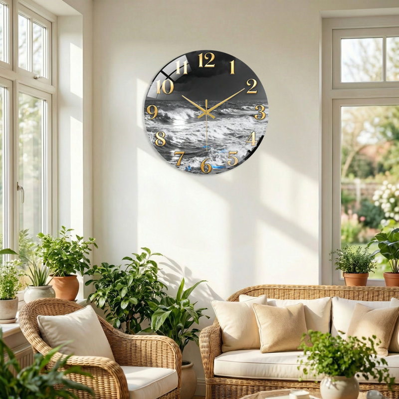 Horloge murale décorative en verre Ocean Waves, 60 x 60 cm (23,6 x 23,6 pouces)