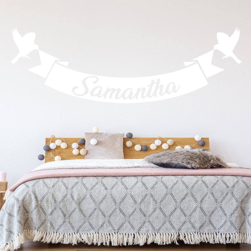 Décalcomanie murale nom et oiseaux personnalisés, H 17,5 po x l 50 po, Blanc, Oui
