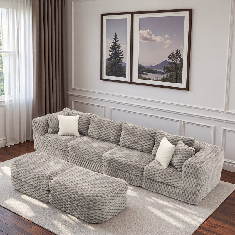 Modular Sectional Sofa With Two Movable Ottomans, Grey