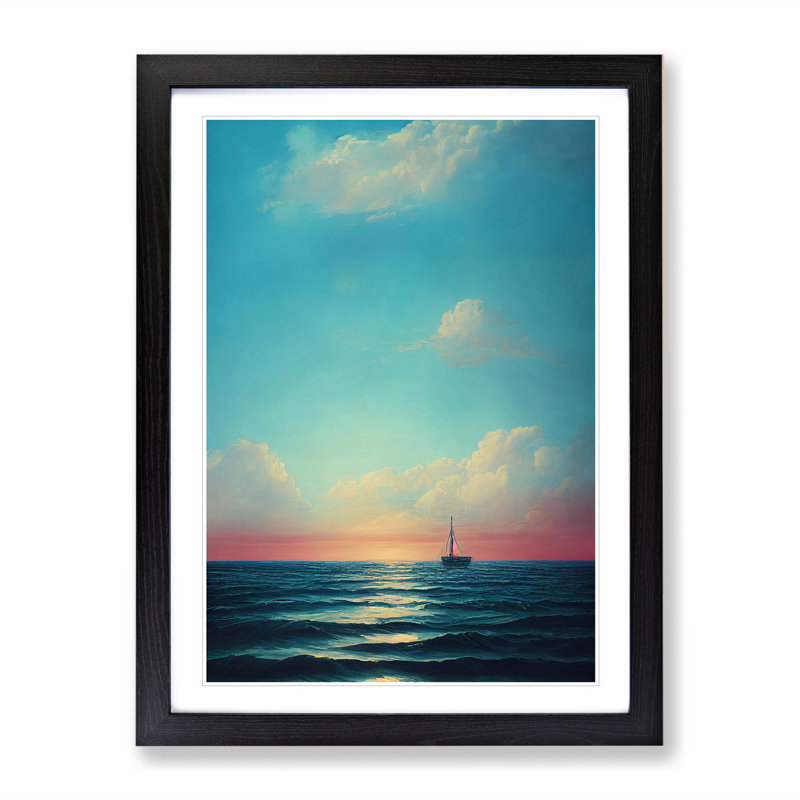 Boat Seascape - Print, 66cm H x 48cm W x 2cm D, Black Framed, White