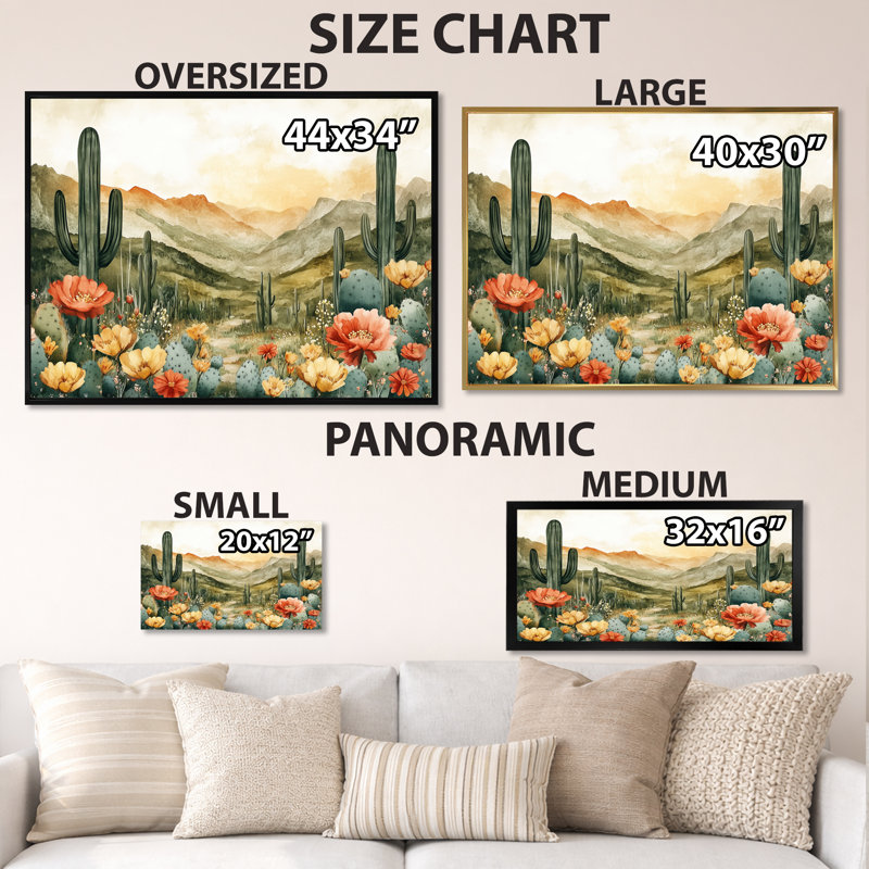 Jardin d'épines du désert - Tableau vert encadré du sud-ouest, 16" H x 32" W, Cadre photo blanc