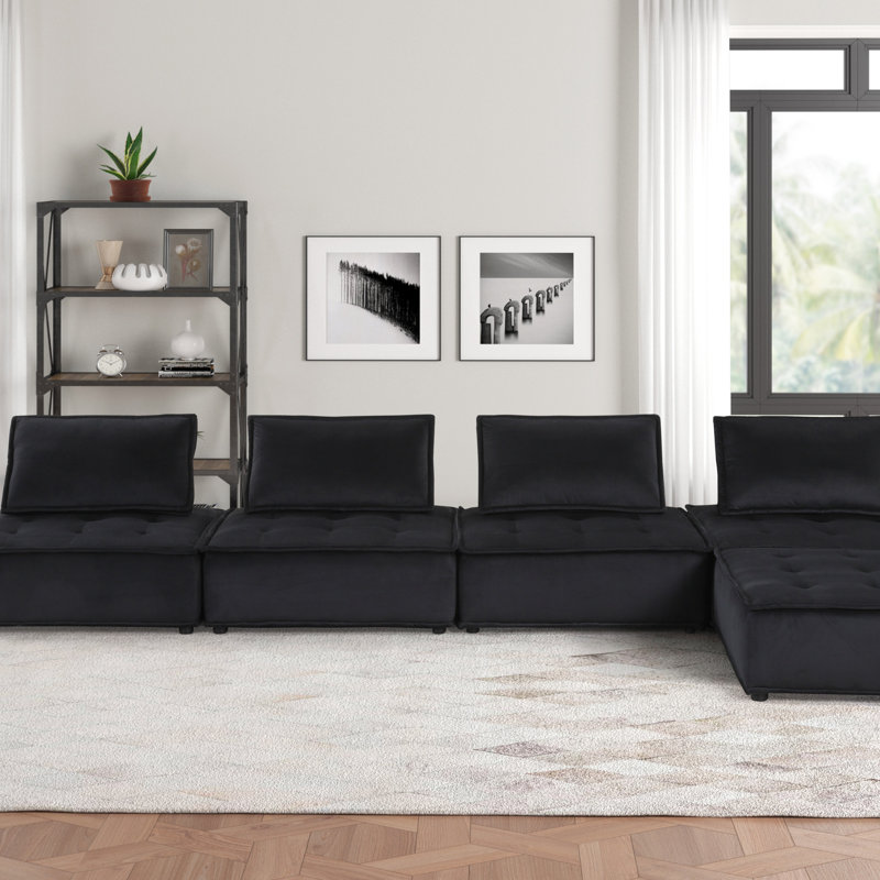 Canapé modulaire 5 pièces Black Velvet, H 28,96 po x l 79,96 po x P 160,01 po