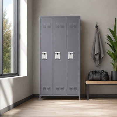 Casier en métal gris à 3 portes de 72 po de hauteur avec serrure et clé, armoire de rangement pour employé pour garage scolaire, bureau en acier laminé à froid avec portes ventilées