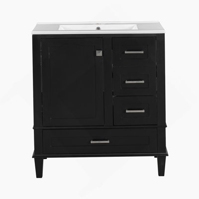 Ensemble de meuble-lavabo moderne avec lavabo 30 po, meuble-lavabo moderne avec porte à fermeture douce et 3 tiroirs, structure en bois massif (noir)