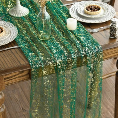 6PCS Green Gold Gauze Table Runner 120 Inch 10FT, Glitter Metallic Foil Sheer Dining Wedding Anniversary Holiday Table Decor for Home Party