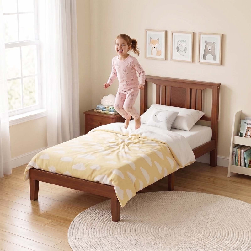 Lit plateforme en bois massif de style Mid-Century avec tête de lit, support à lattes de bois, aucun sommier nécessaire