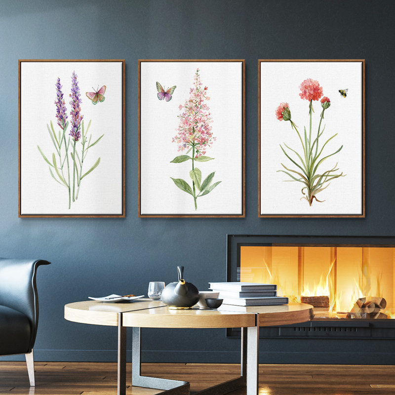 Wildflower Botanical I - Ensemble de 3 reproductions sur toile, Noyer, H 27 po x l 54 po