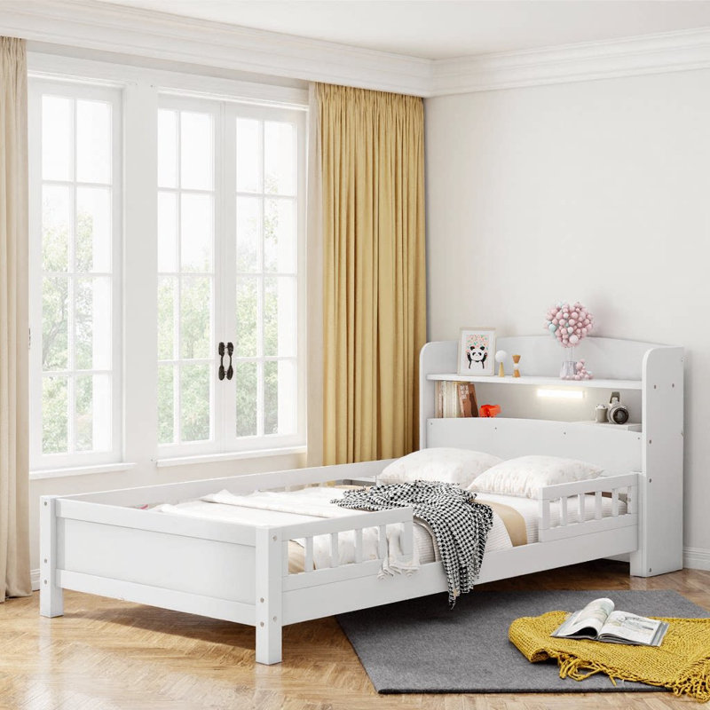 Lit plateforme élégant blanc avec tête de lit à DEL et garde-corps magiques - Transformez votre sanctuaire de sommeil, Blanc