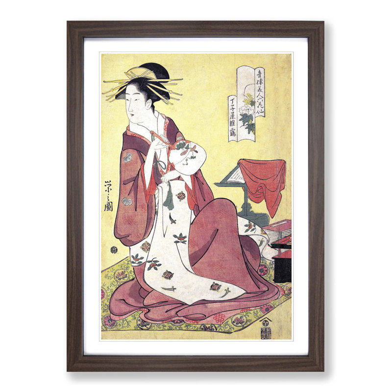 Lady with a Fan by Chobunsai Eishi - Picture Frame Painting Print, Walnut Framed, 36cm H x 27cm W x 2cm D