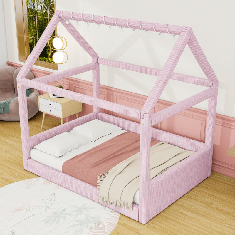 Full-Size Corduroy Upholstered House-Shaped Daybed with LED Light, Pink
