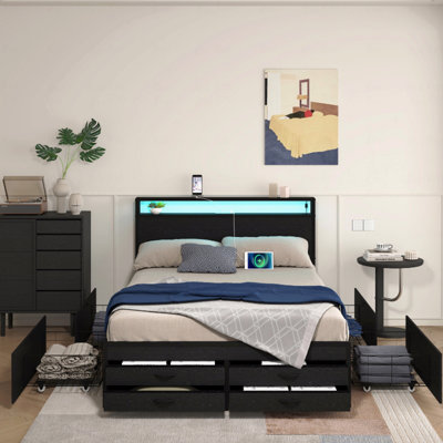 Base de lit plateforme avec grand lit et 8 tiroirs avec fonction de rangement, conduit avec tête de lit avec station de charge