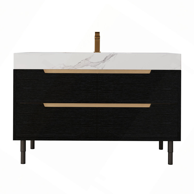 Meuble-lavabo moderne de 35,4 po avec lavabo sous comptoir, plateau en pierre frittée, bois massif multicouche imperméable, rangement à 4 tiroirs, autoportant / mural