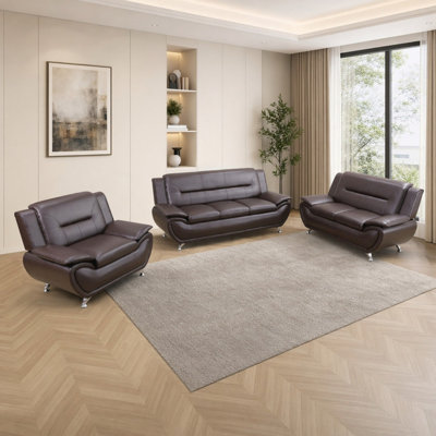 3-Piece Faux Leather Sofa Set, Large Living Room Sofa + Loveseat + Single Chair, Coffee
