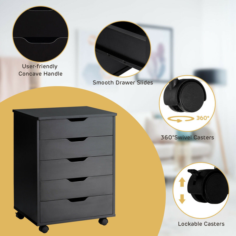 Black MDF 5-Drawer Mobile Storage Cabinet with Wheels