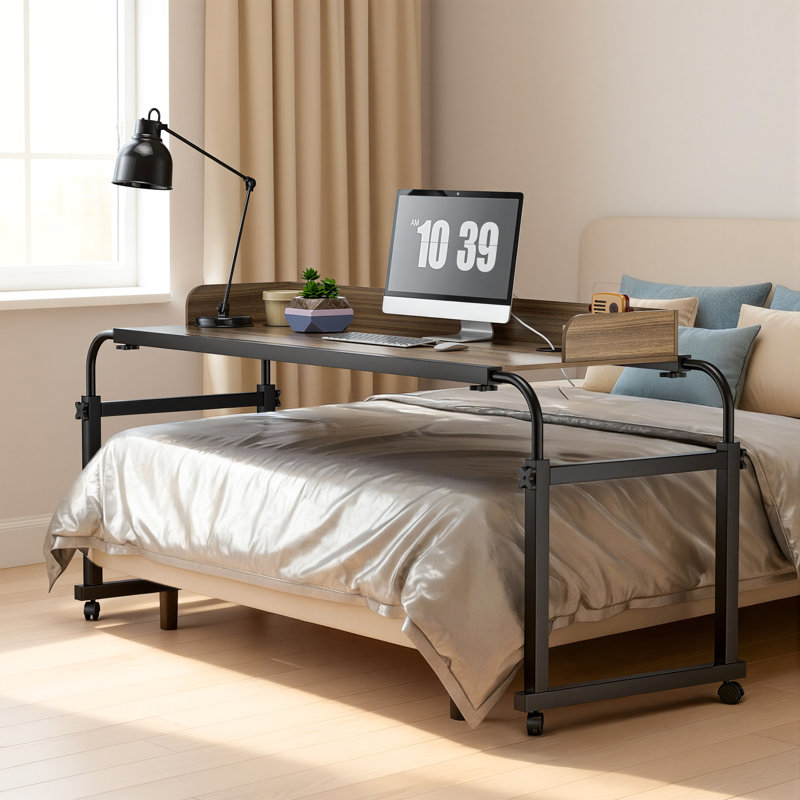 Overbed Table With Wheels, Adjustable Legs Height, Modern Style, Brown, 350lbs Weight Capacity, Black, Brown