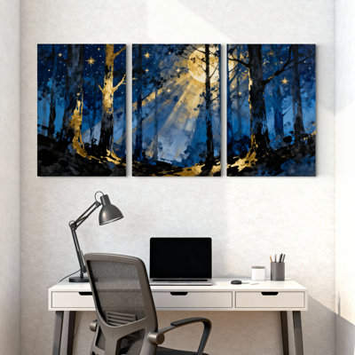 Scénario et paysages urbains clair de lune, forêt, nuit, étoiles, arbres, réflexion, lueur bleue, ensemble de 3 impressions sur toile