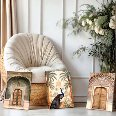 3PCS Wall Arts Posters Framed, Indian Palace Gate & Peacock Canvas Wall Art Set of 3 Vintage Boho Decor for Living Room Bedroom Traditional Architecture Tropical Bird Print Framed Ready to Hang