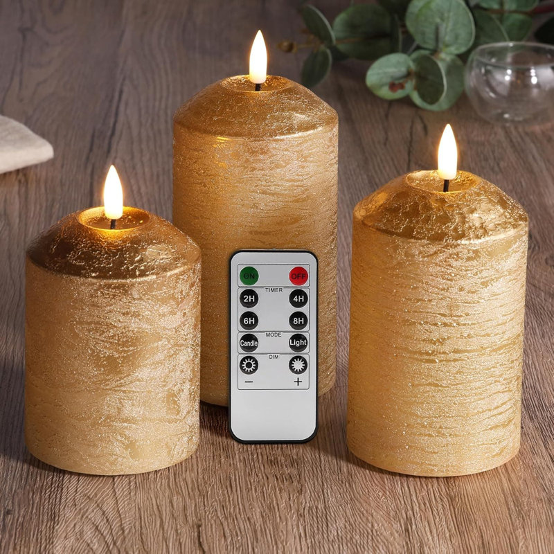 3 Pack Gold Flameless Pillar Candles with Remote: Flickering, Real Textured Wax, Battery-Operated LED Candles, Gold