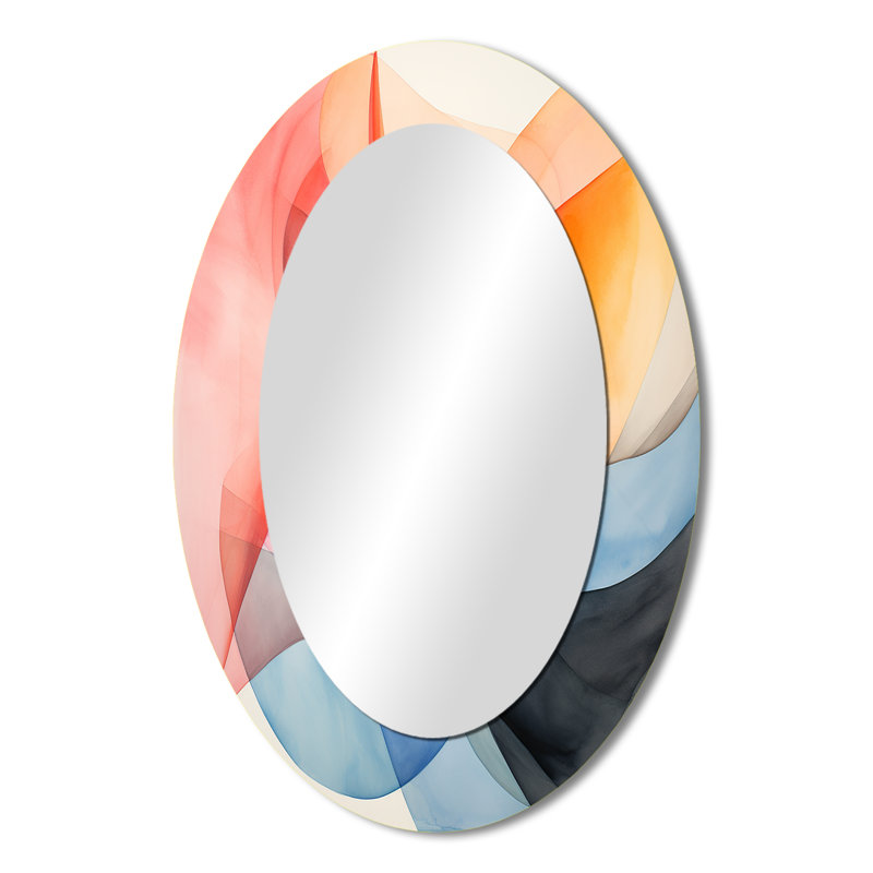 Motif géométrique de couleurs douces I - Miroir décoratif abstrait ovale sur métal, H 36 po x l 24 po