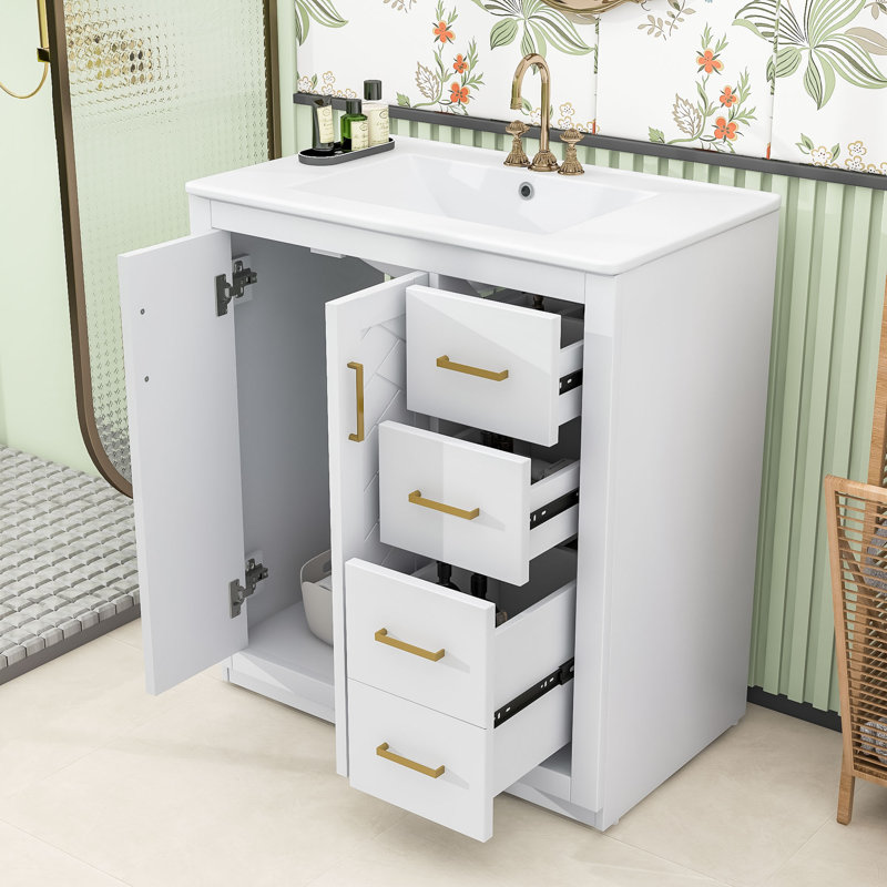  Ensemble de meuble-lavabo chic en bois et panneau de fibres à densité moyenne avec lavabo lisse, Blanc