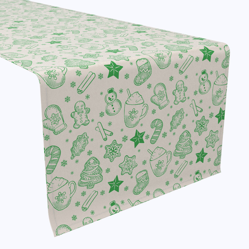 Eesa  Table Runner, 100% Cotton, Green Stenciled Holiday Pattern, 108" x 16"