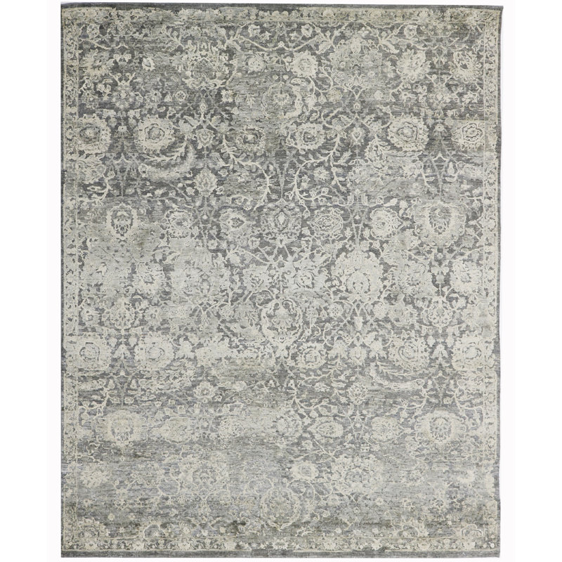Tapis oriental rectangulaire gris noué à la main noué à la main, Rectangle 8 pi x 10 pi
