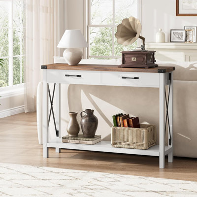 Farmhouse Entryway Table, Wooden Console Table with Drawers, 2 Tier Sofa Table with Storage, Console Table for Entryway, Living Room, Hallway, Foyer-W