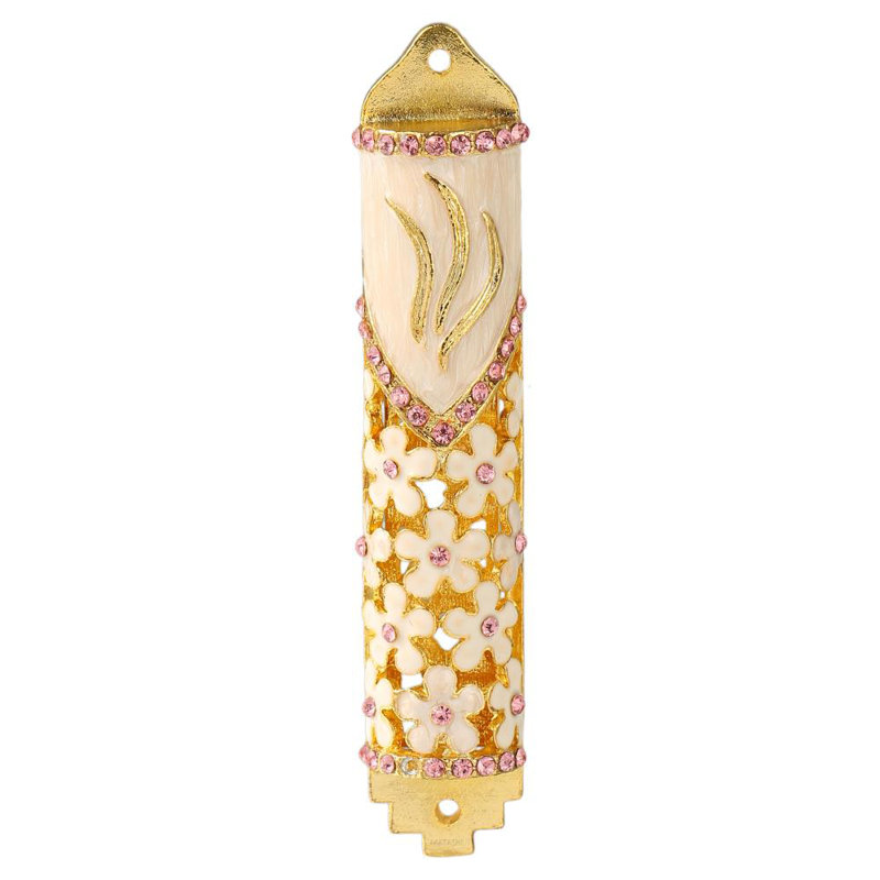 24 carats or et mauve cristal peint à la main avec un mezuzah de conception florale