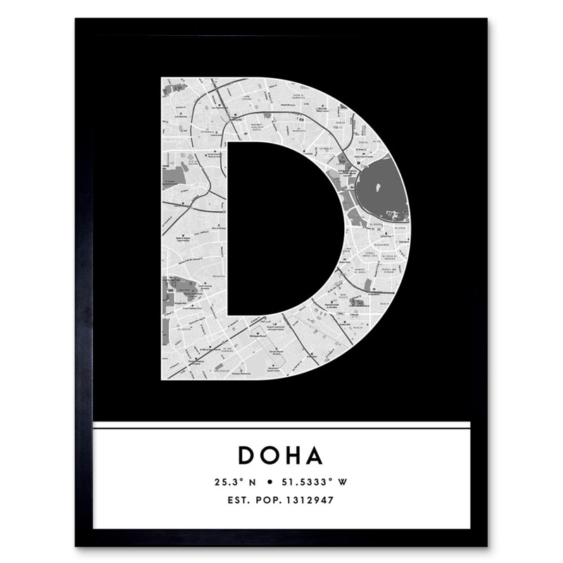 Doha Qatar City Map Black & White - Single Picture Frame Typography