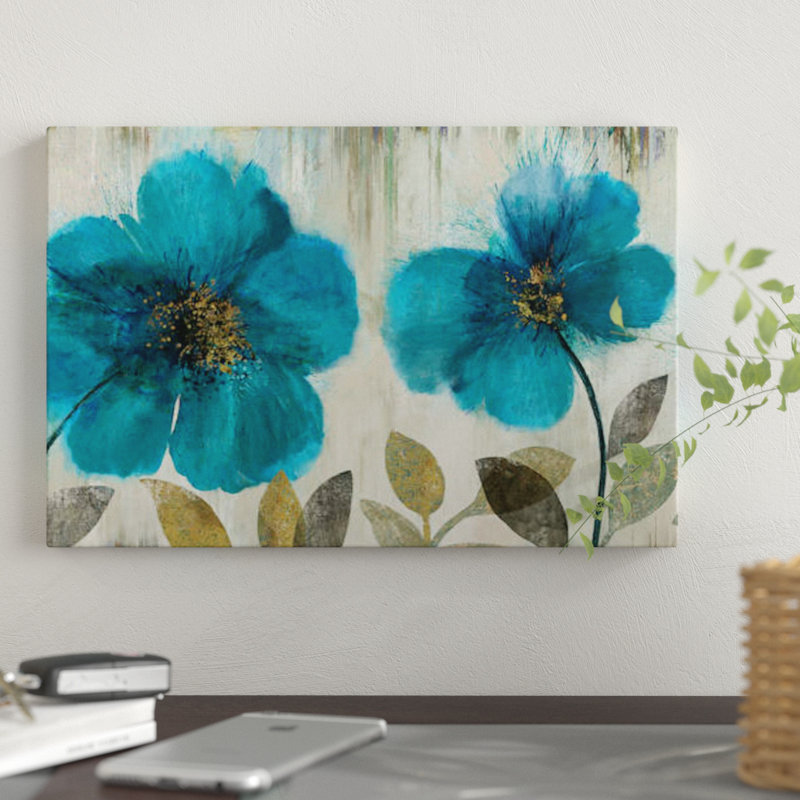 «Teal Flowers», reproduction sur toile, H 12 po x l 18 po x P 1,5 po, Pas de tapis, Toile tendue