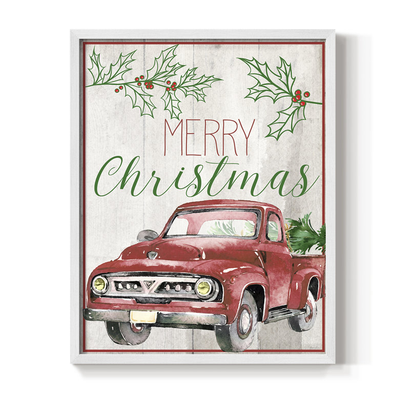 Merry Christmas - camion rouge, reproduction encadrée - bois massif, H 15 po x l 12 po, Blanc