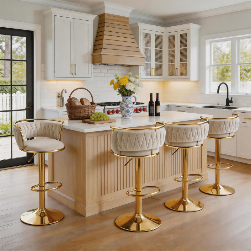 Christal Swivel Adjustable Height Bar Stool, Gold, Ivory