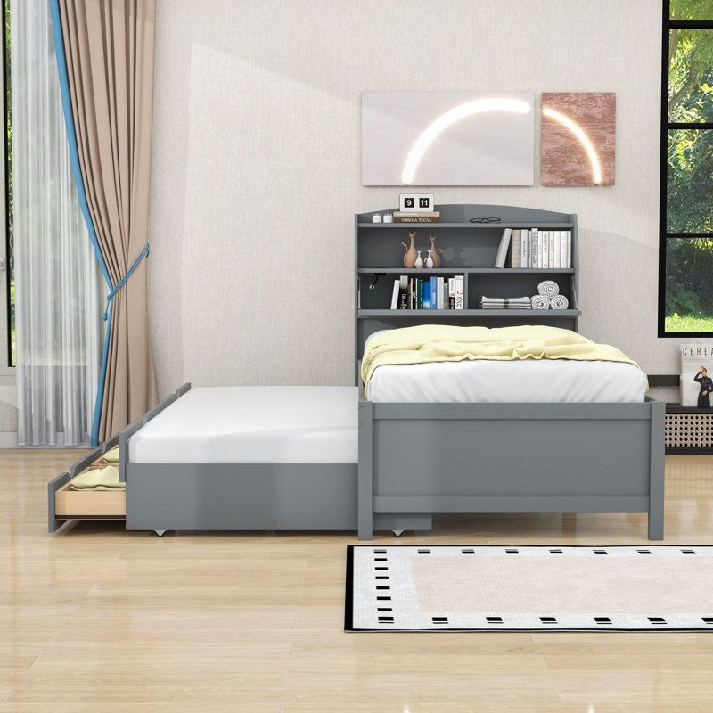  Lit plateforme en bois avec lit gigogne, tête de lit et tiroirs Falcone, gris, Simple