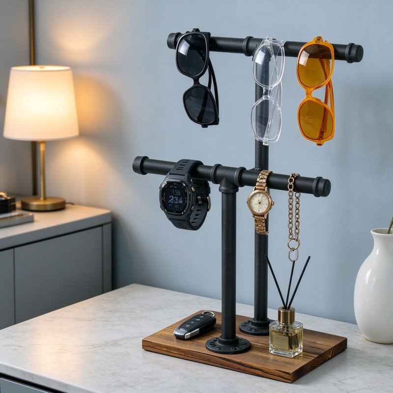 Freestanding Two Arm Towel Holder for Bathroom and Kitchen Countertop, Rustic Industrial Swivel Hand Towel Rack with Solid Wood Base