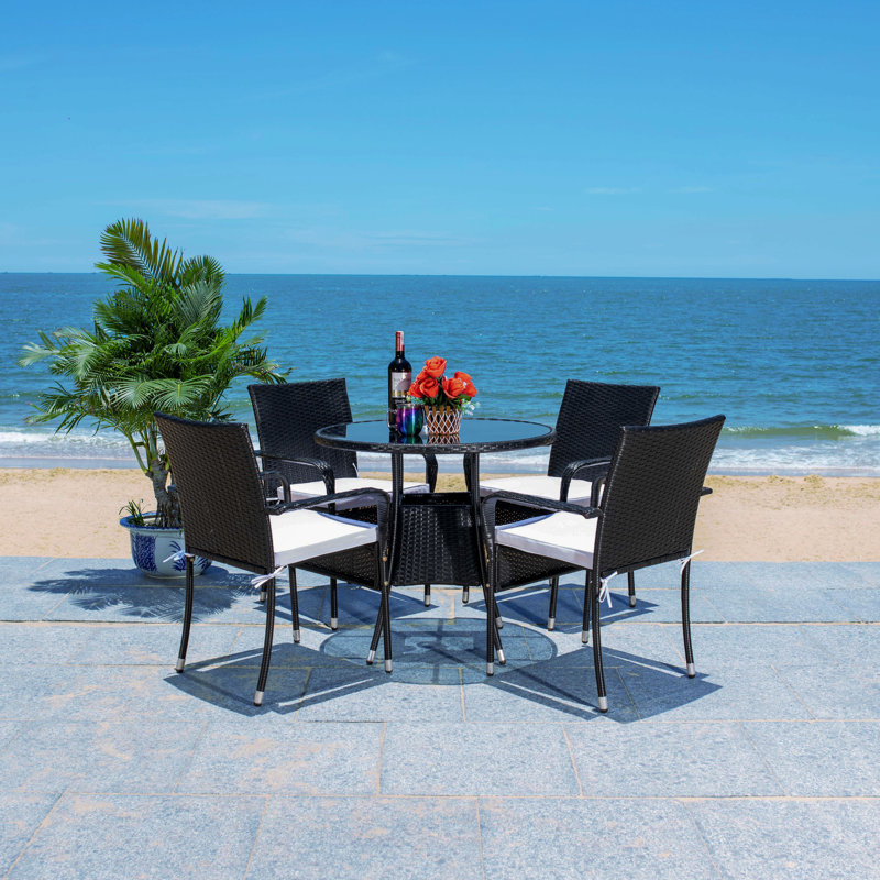 Laina Black Wicker 4-Person Outdoor Dining Set with White Cushions