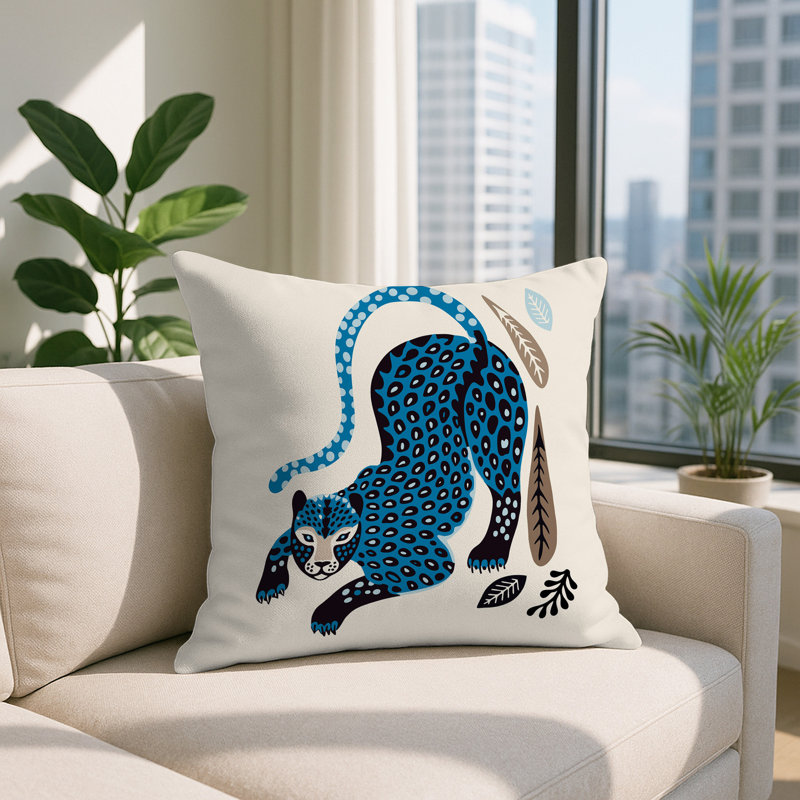 Oreiller carré réversible intérieur / extérieur Gino Leopard, Carré 17 po, Turquoise
