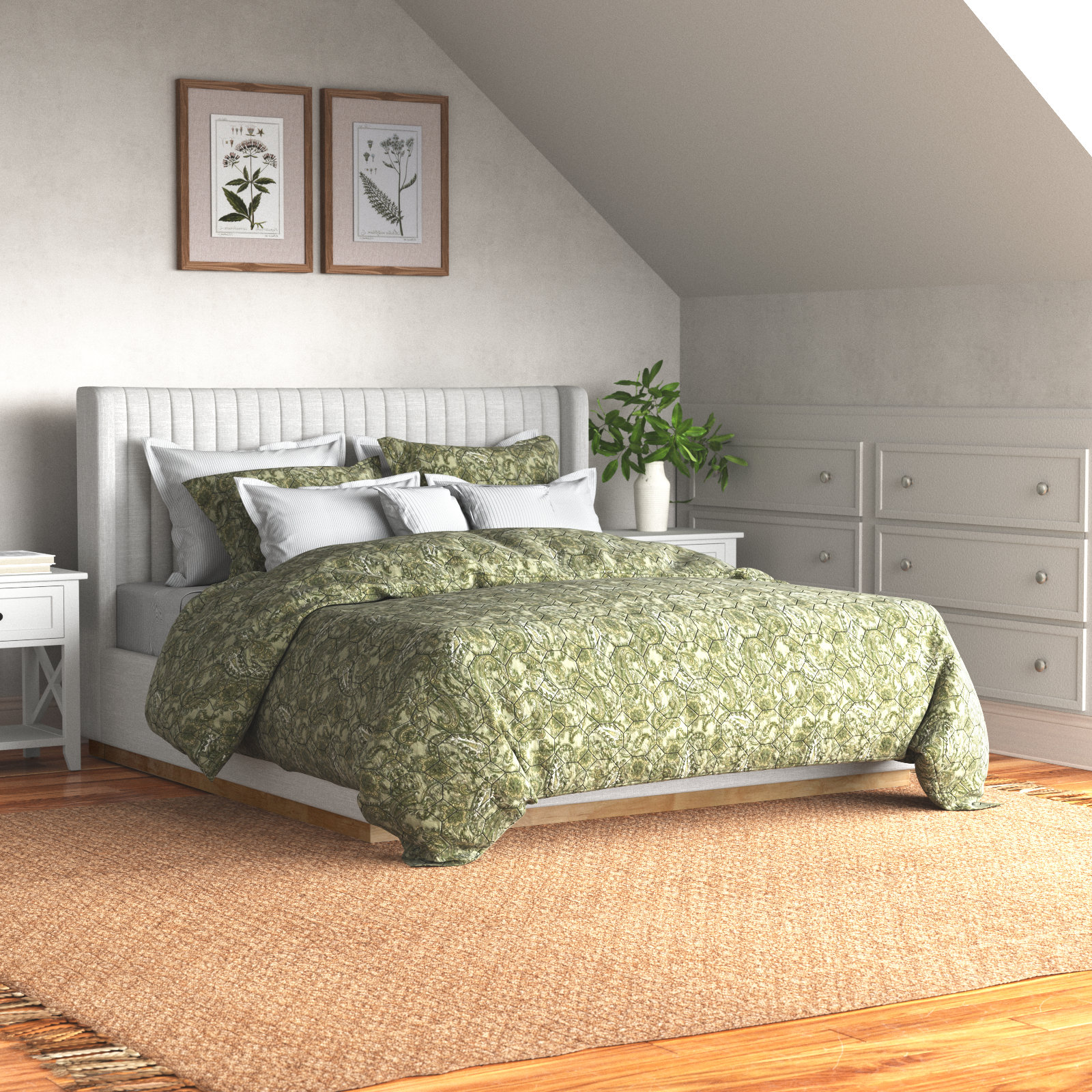 Chamblis Upholstered Wingback Bed, Cream Linen Textured Fabric, King