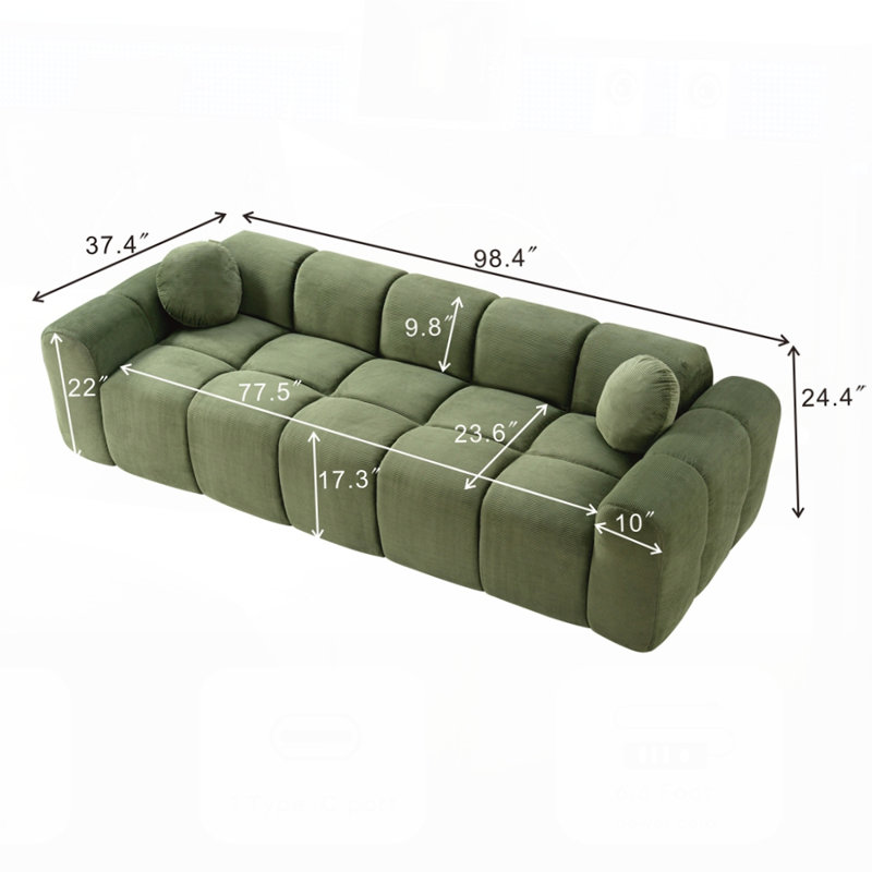 Très grand canapé à compression 98,4 pouces, canapé en velours côtelé nuage pour le salon, canapé rembourré 4 places avec 2 coussins, emballage sous vide facile à déplacer pour les petits espaces, appartement, studio