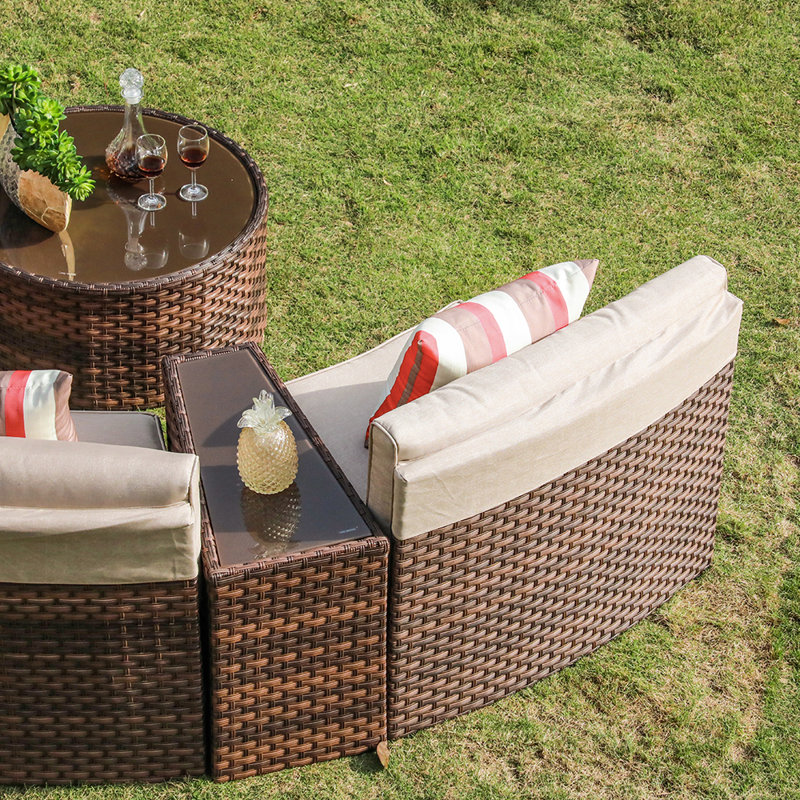 Ensemble de conversation avec canapé en rotin 7 pièces et coussins Ristro, Structure brune / coussin beige